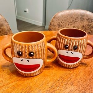 2 Galerie Brown Sock Monkey‎ Double Handle Dishwasher Safe Coffee Cups Mu…